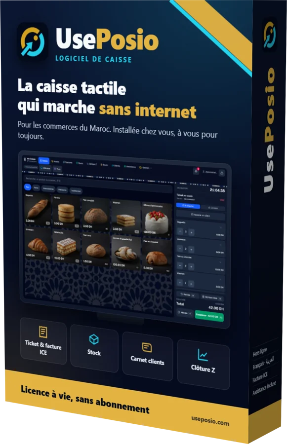 Boîtier du logiciel de caisse UsePosio, avec l'écran de caisse d'une boulangerie