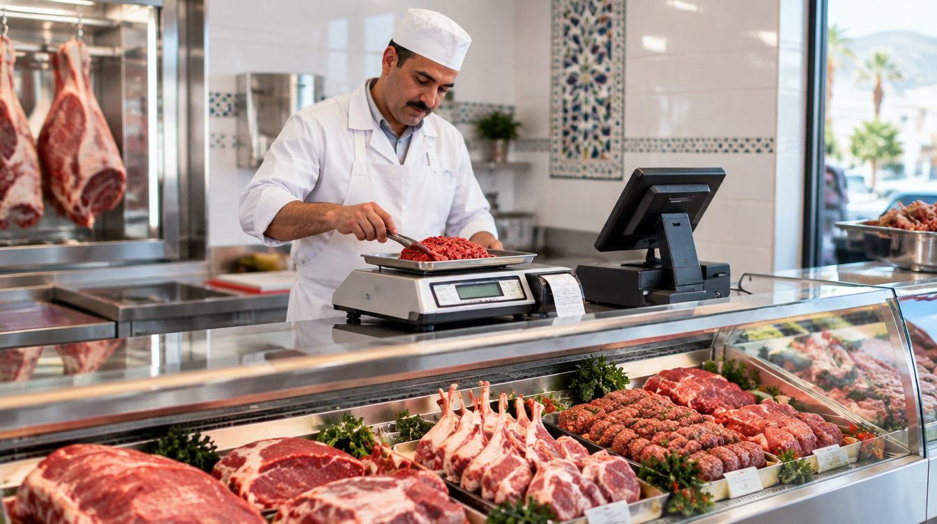 Un boucher pèse de la viande hachée sur une balance qui imprime son étiquette, à côté d'une caisse tactile, dans une boucherie moderne