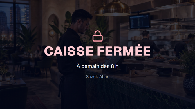 Écran client UsePosio quand la caisse est fermée : « CAISSE FERMÉE » en grand, message « À demain dès 8 h » et nom de la boutique