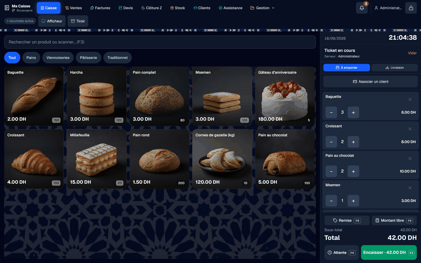 Écran d'encaissement UsePosio : grille de produits tactile à gauche, ticket en cours et total à droite