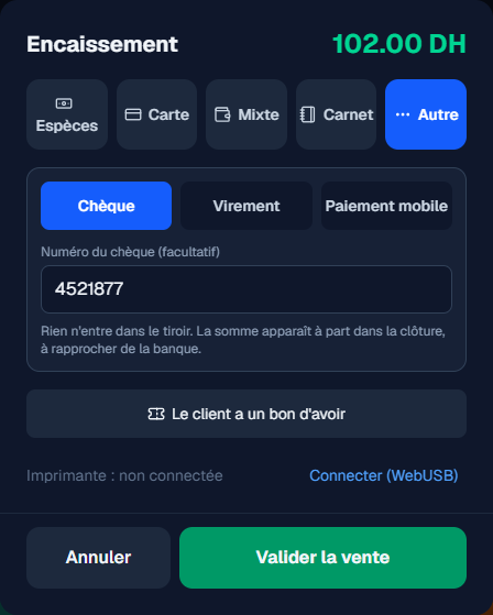 Fenêtre d'encaissement UsePosio : bouton Autre choisi, paiement par chèque avec le numéro 4521877