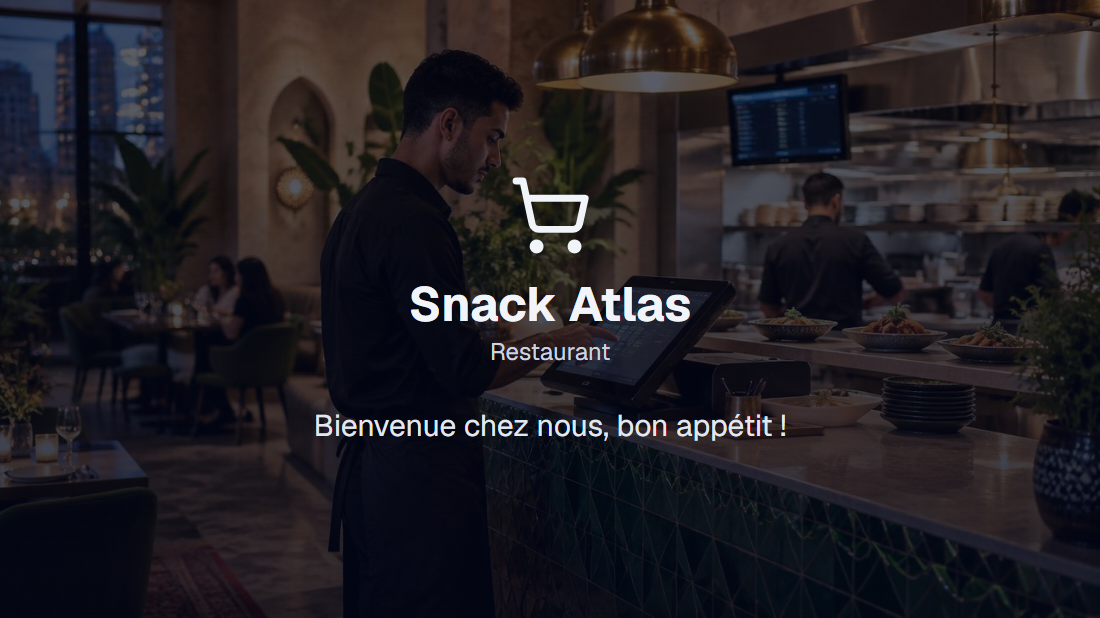 Écran client UsePosio à l'attente : photo du restaurant en fond, nom de la boutique et message d'accueil « Bienvenue chez nous, bon appétit ! »