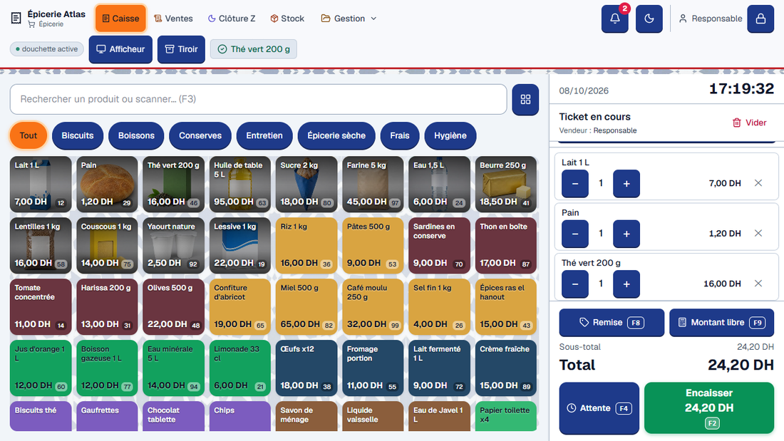 Caisse UsePosio d'une épicerie en thème clair, avec le bouton soleil / lune en haut à droite : une quarantaine de produits en tuiles compactes et un ticket de trois articles