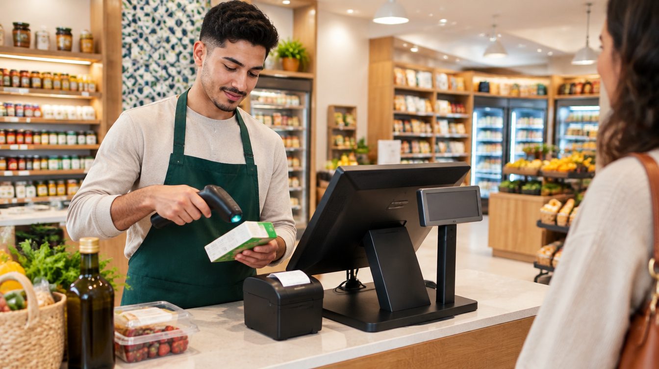 Un épicier scanne un produit à la douchette, à côté d'une caisse tactile avec afficheur client et imprimante à ticket, dans une épicerie moderne