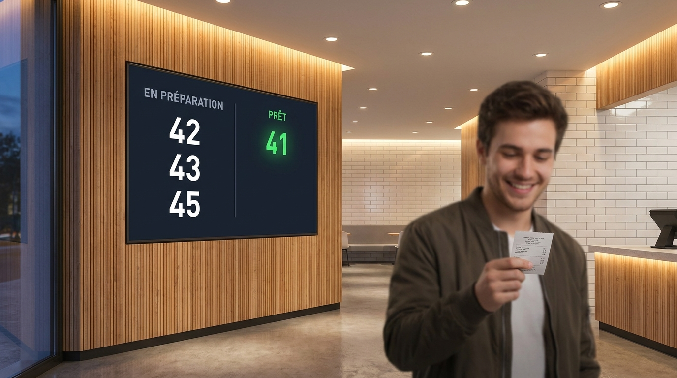 Écran de suivi des commandes affichant deux colonnes, En préparation et Prêt, avec les numéros ; une cliente tient son ticket