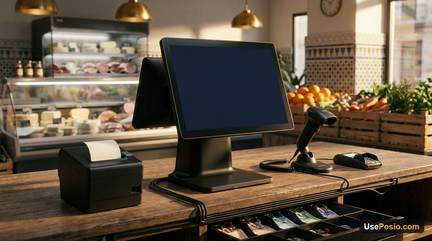 Poste de caisse UsePosio dans une épicerie : écran tactile avec afficheur client intégré, imprimante à ticket, douchette de scan, terminal de paiement et tiroir-caisse ouvert sur des dirhams