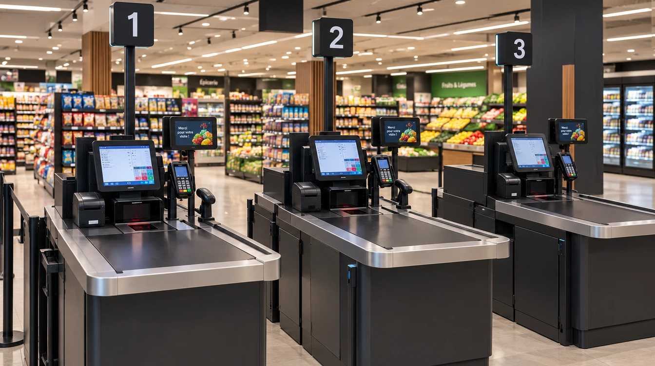 Trois caisses numérotées 1, 2 et 3 côte à côte dans une supérette, chacune avec son écran tactile, son terminal de carte et sa douchette