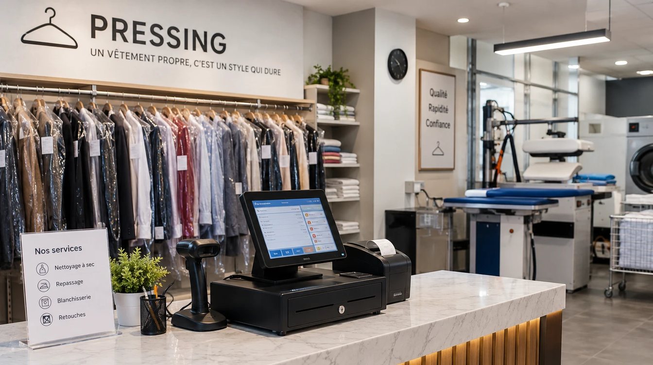 Un comptoir de pressing : vêtements sous housse sur la tringle, caisse tactile avec douchette et imprimante de tickets, presse à repasser au fond de l'atelier