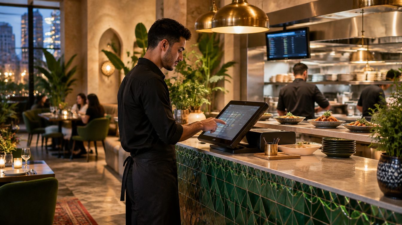 Un serveur prend une commande sur une caisse tactile au comptoir d'un restaurant moderne, avec l'écran de cuisine en arrière-plan